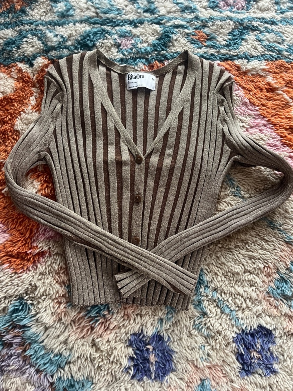 Rita Ora Women's Ribbed Metallic Button Down Cardigan - Brown/Cream, Size M